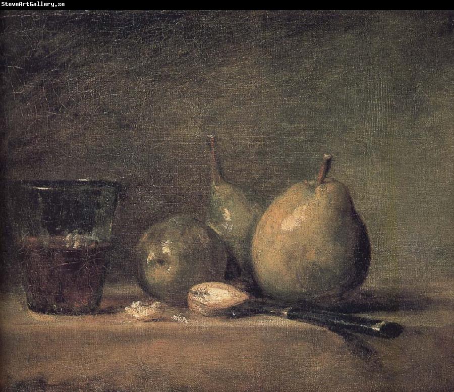 Jean Baptiste Simeon Chardin Sheng three pears walnut wine glass and a knife